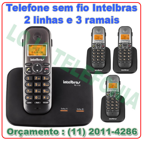 Telefone sem fio digital com  entrada para 2 linhas e 3 Ramais Intelbras